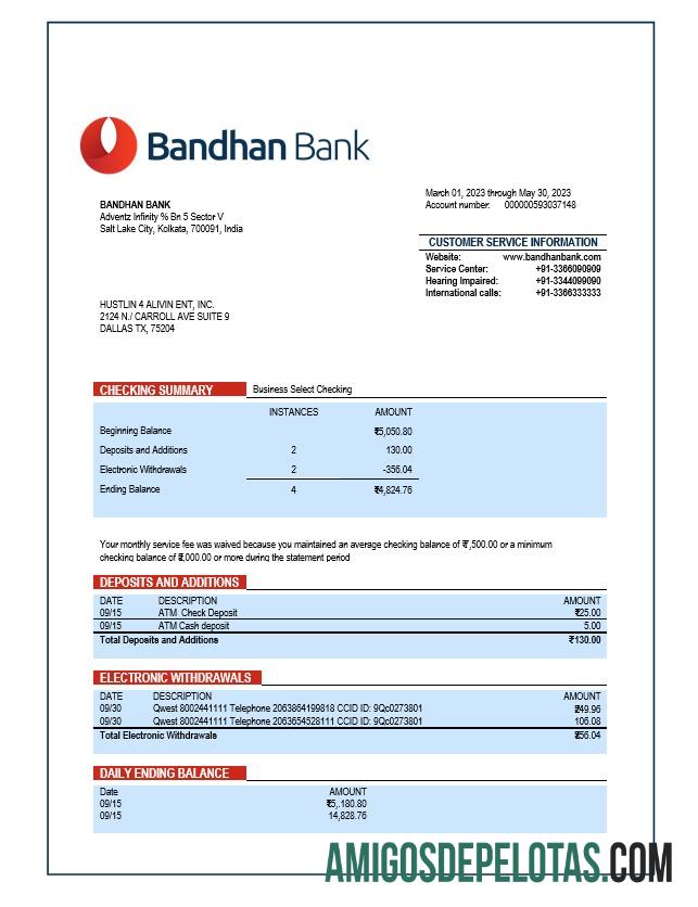 Baixável Bandhan Bank Organization modelo de extrato de conta Word e PDF